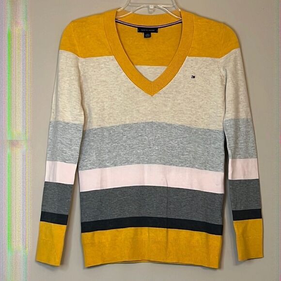 Tommy Hilfiger Stripe V-neck Lightweight Sweater - Size XXS - Picture 1 of 9